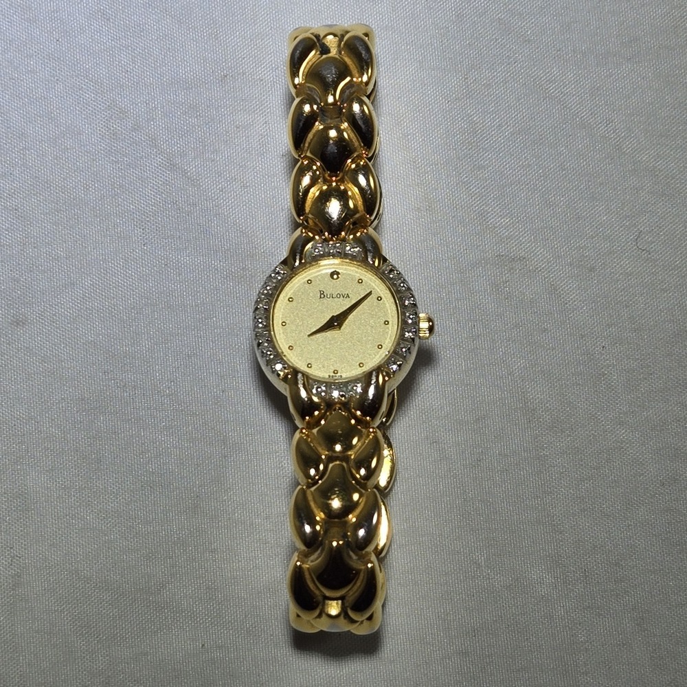 Bulova Women 98R18 Luxury Diamond Bezel Gold Tone Quartz Watch 5.5"